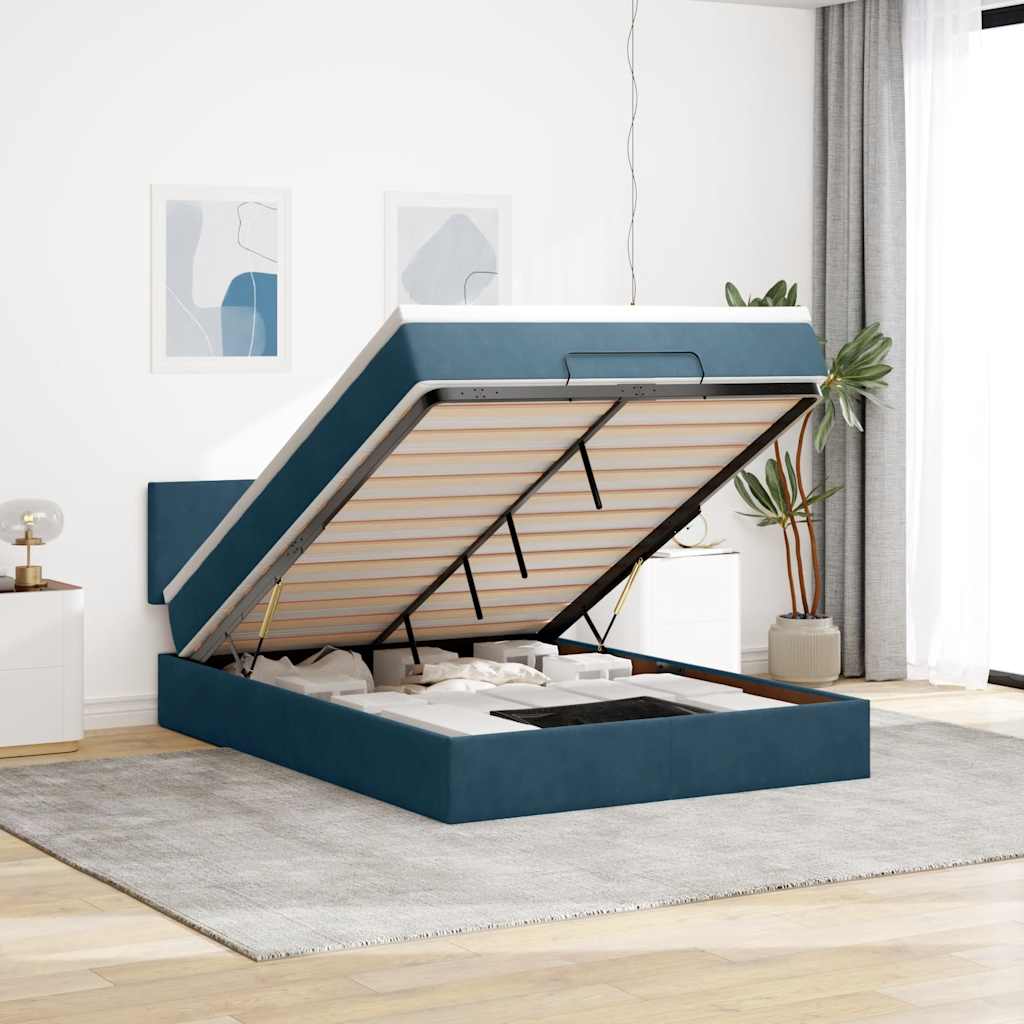 Struttura Letto Pouf con Materasso Blu 140x200cm in Velluto