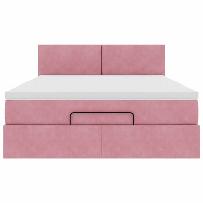 Struttura Letto Pouf con Materasso Rosa 140x200 cm in Velluto