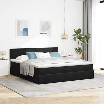 Struttura Letto Pouf con Materasso Nero 160x200 cm in Velluto
