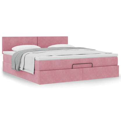 Struttura Letto Pouf con Materasso Rosa 160x200 cm in Velluto