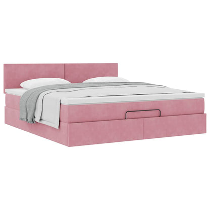 Struttura Letto Pouf con Materasso Rosa 160x200 cm in Velluto