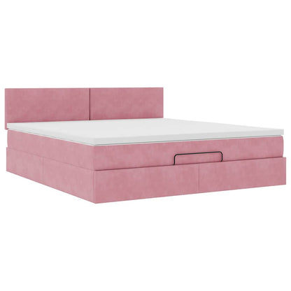 Struttura Letto Pouf con Materasso Rosa 160x200 cm in Velluto