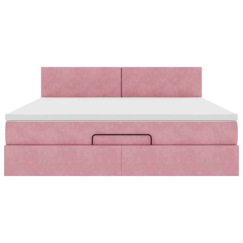 Struttura Letto Pouf con Materasso Rosa 160x200 cm in Velluto