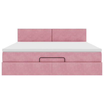 Struttura Letto Pouf con Materasso Rosa 160x200 cm in Velluto