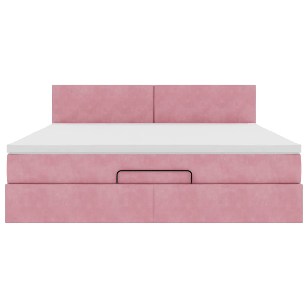 Struttura Letto Pouf con Materasso Rosa 160x200 cm in Velluto
