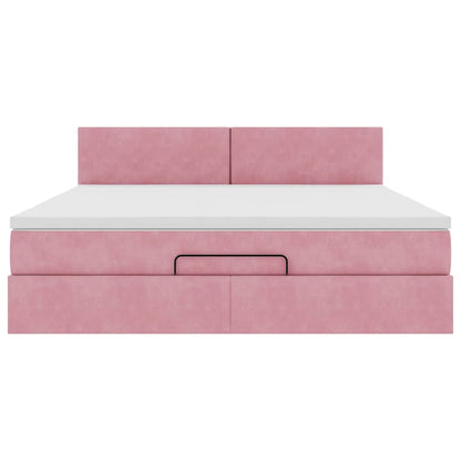 Struttura Letto Pouf con Materasso Rosa 160x200 cm in Velluto