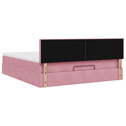 Struttura Letto Pouf con Materasso Rosa 160x200 cm in Velluto