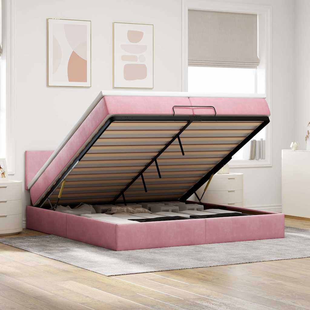 Struttura Letto Pouf con Materasso Rosa 200x200 cm Velluto | homemem39