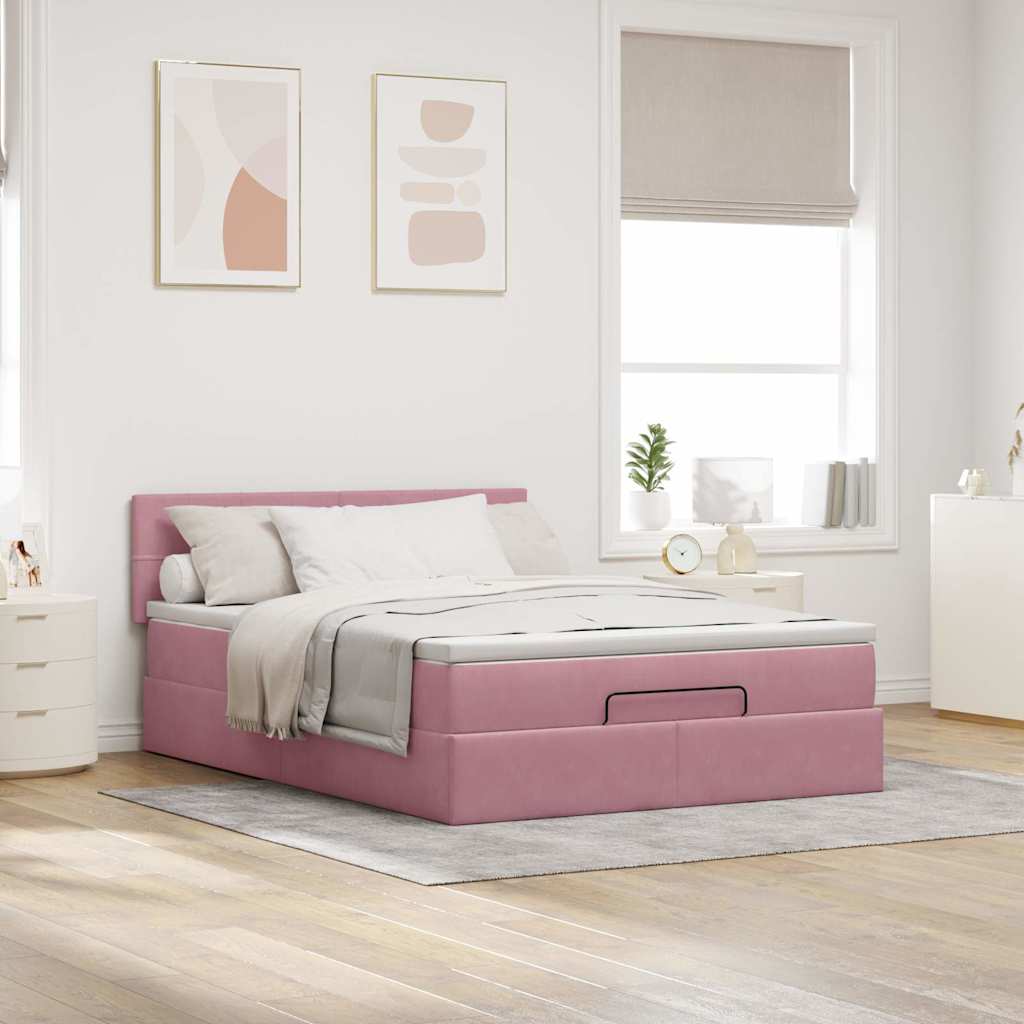 Struttura Letto Pouf con Materasso Rosa 140x200 cm in Velluto