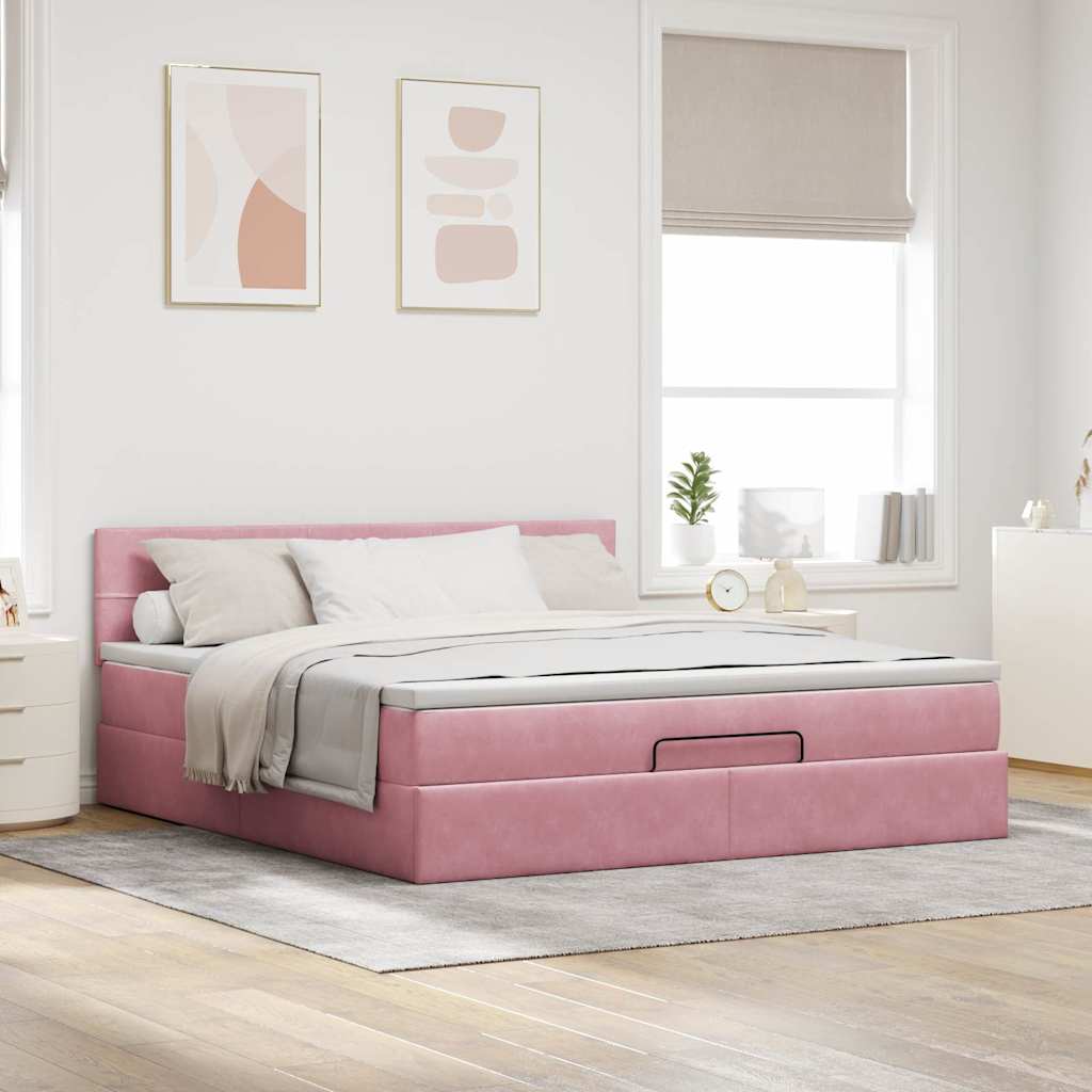 Struttura Letto Pouf con Materasso Rosa 160x200 cm in Velluto | homemem39