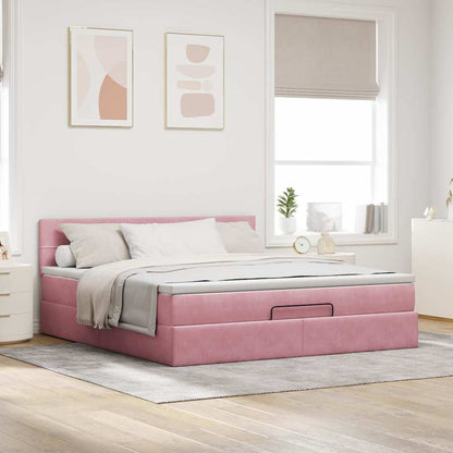 Struttura Letto Pouf con Materasso Rosa 160x200 cm in Velluto | homemem39