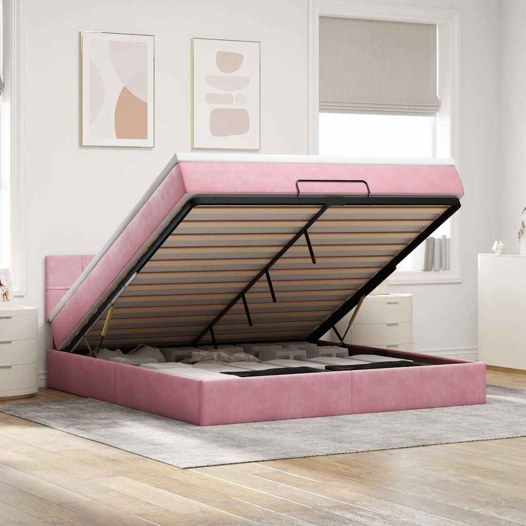 Struttura Letto Pouf con Materasso Rosa 160x200 cm in Velluto | homemem39