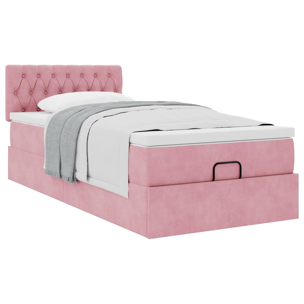 Struttura Letto Pouf con Materasso Rosa 90x200 cm in Velluto