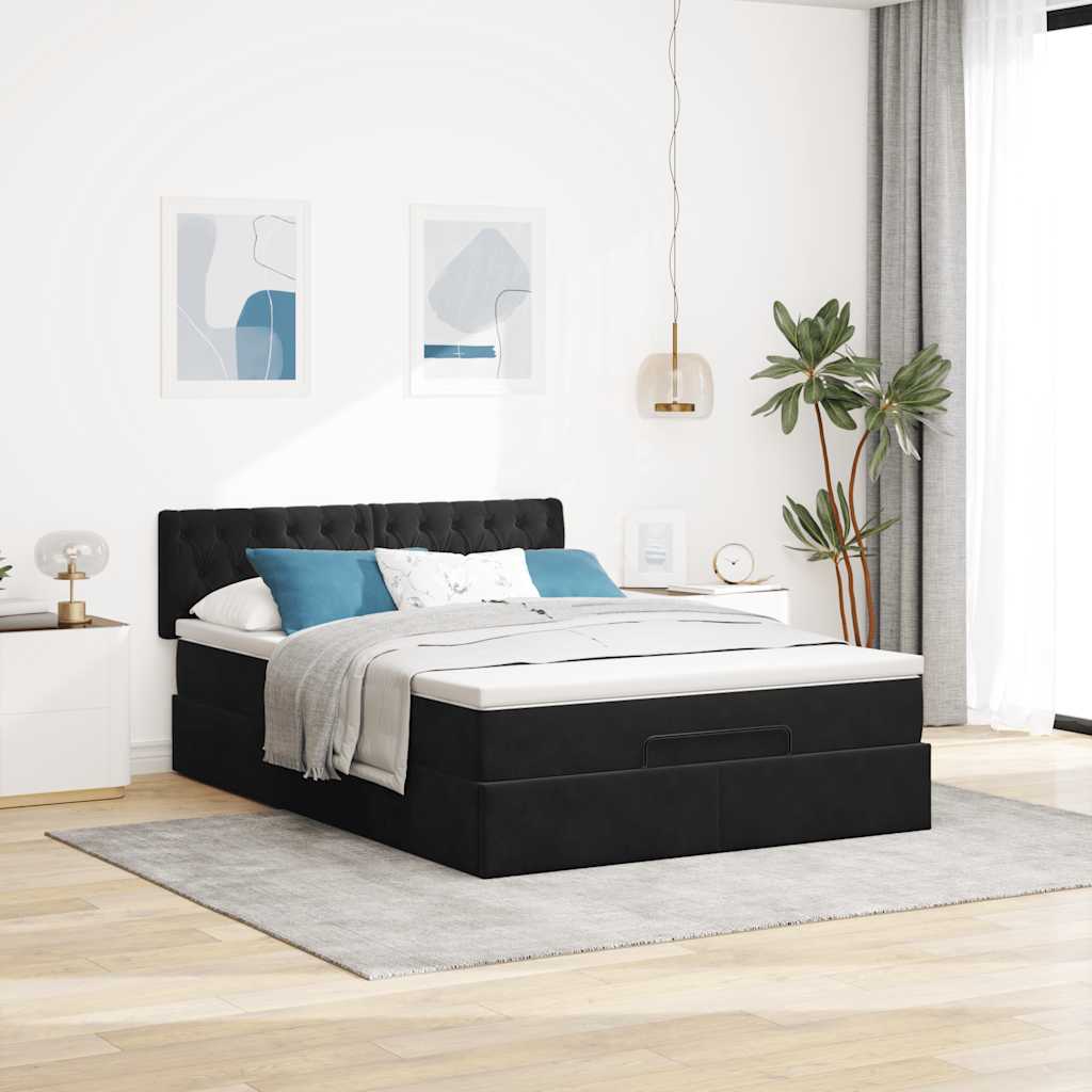 Struttura Letto Pouf con Materasso Nero 140x200 cm in Velluto