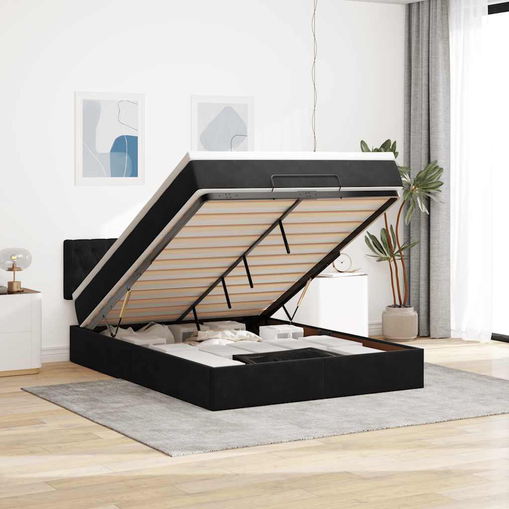 Struttura Letto Pouf con Materasso Nero 140x200 cm in Velluto