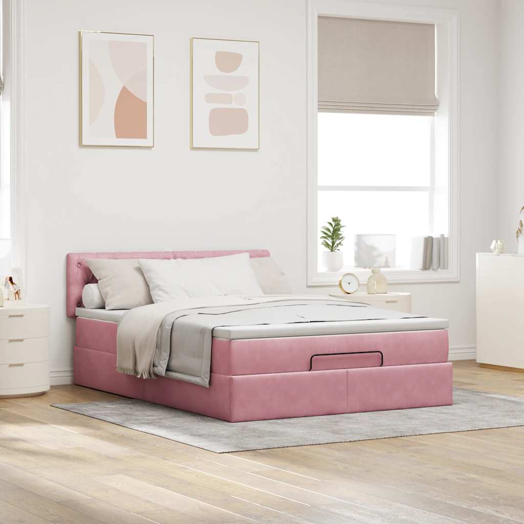 Struttura Letto Pouf con Materasso Rosa 140x200 cm in Velluto