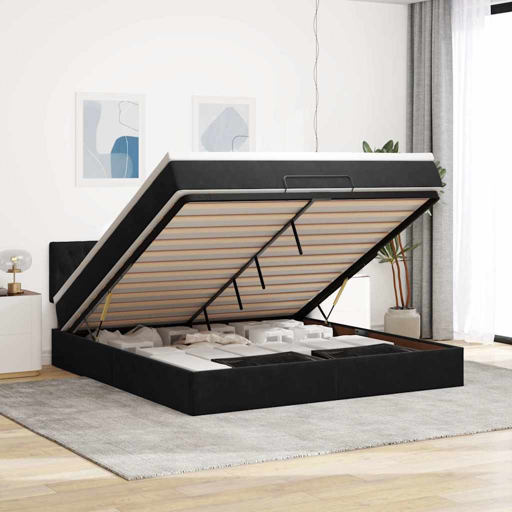 Struttura Letto Pouf con Materasso Nero 160x200 cm in Velluto