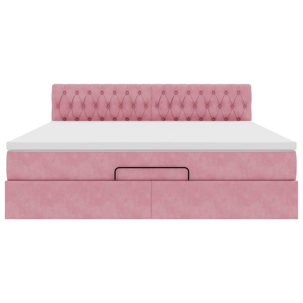 Struttura Letto Pouf con Materasso Rosa 160x200 cm in Velluto