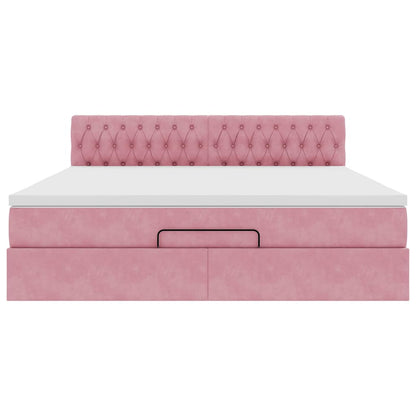 Struttura Letto Pouf con Materasso Rosa 160x200 cm in Velluto