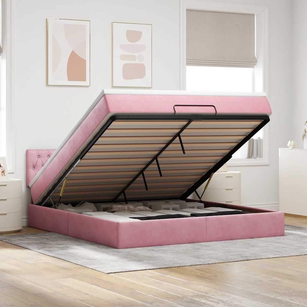 Struttura Letto Pouf con Materasso Rosa 180x200 cm in Velluto