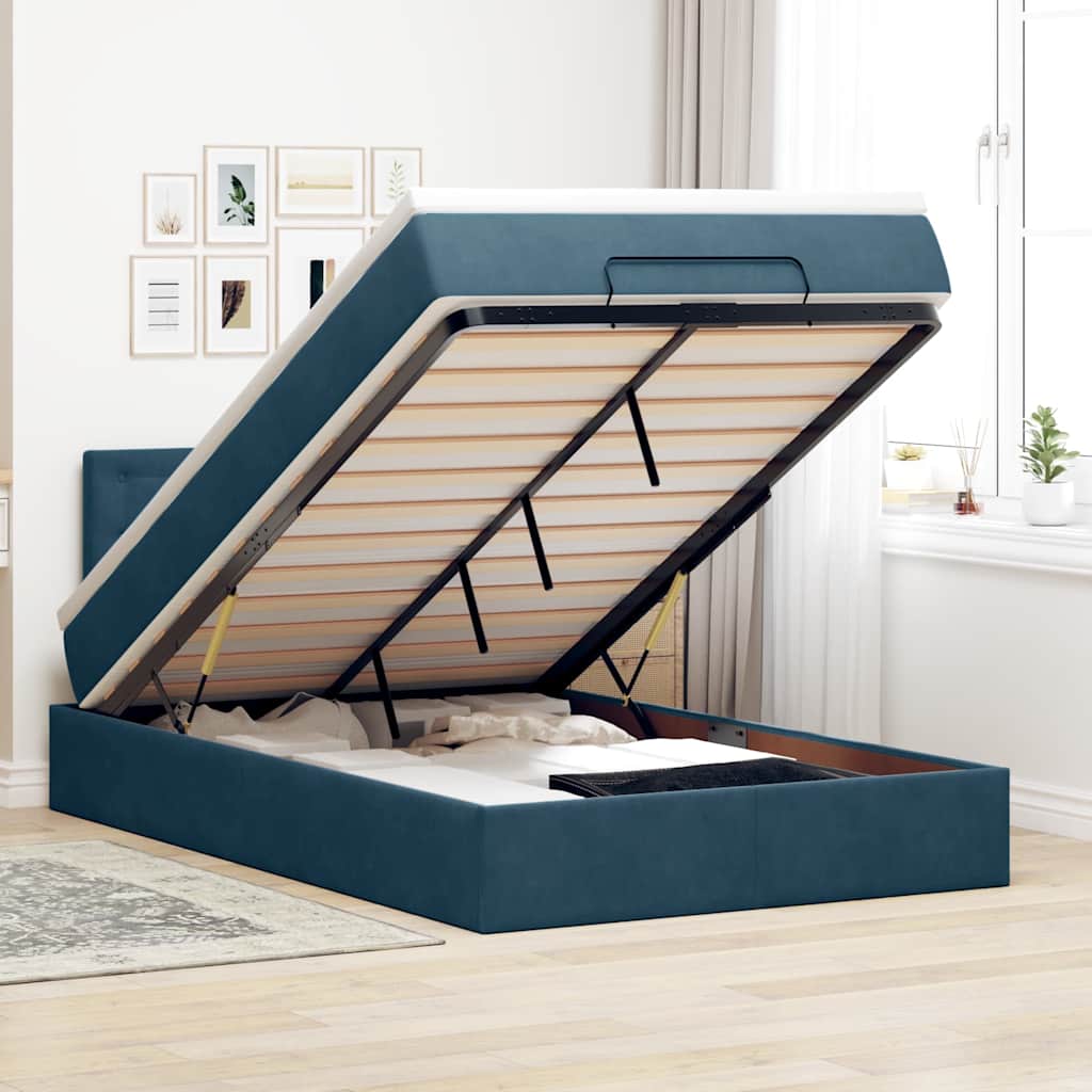 Struttura Letto Pouf con Materasso Blu Scuro 120x200 cm Velluto