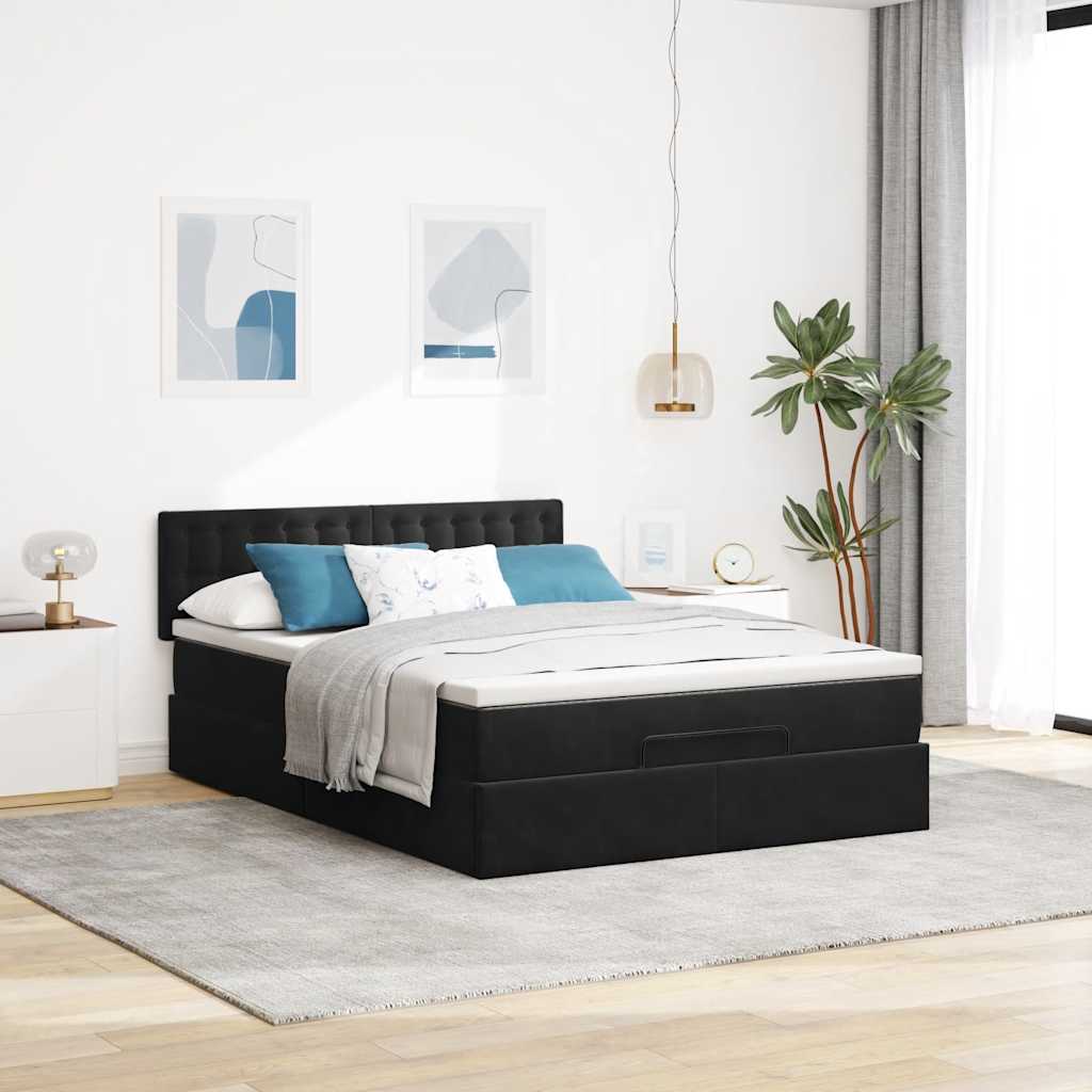 Struttura Letto Pouf con Materasso Nero 140x200 cm in Velluto