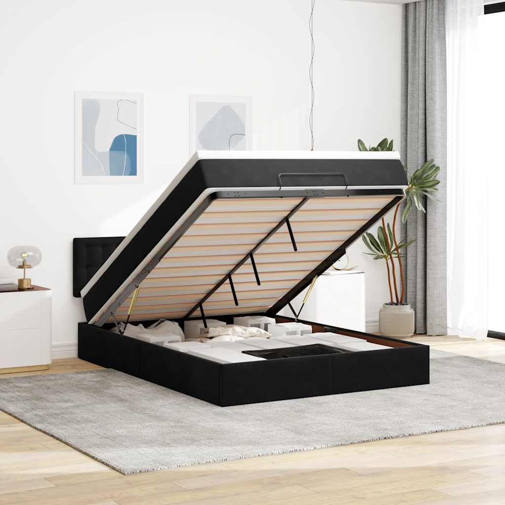 Struttura Letto Pouf con Materasso Nero 140x200 cm in Velluto