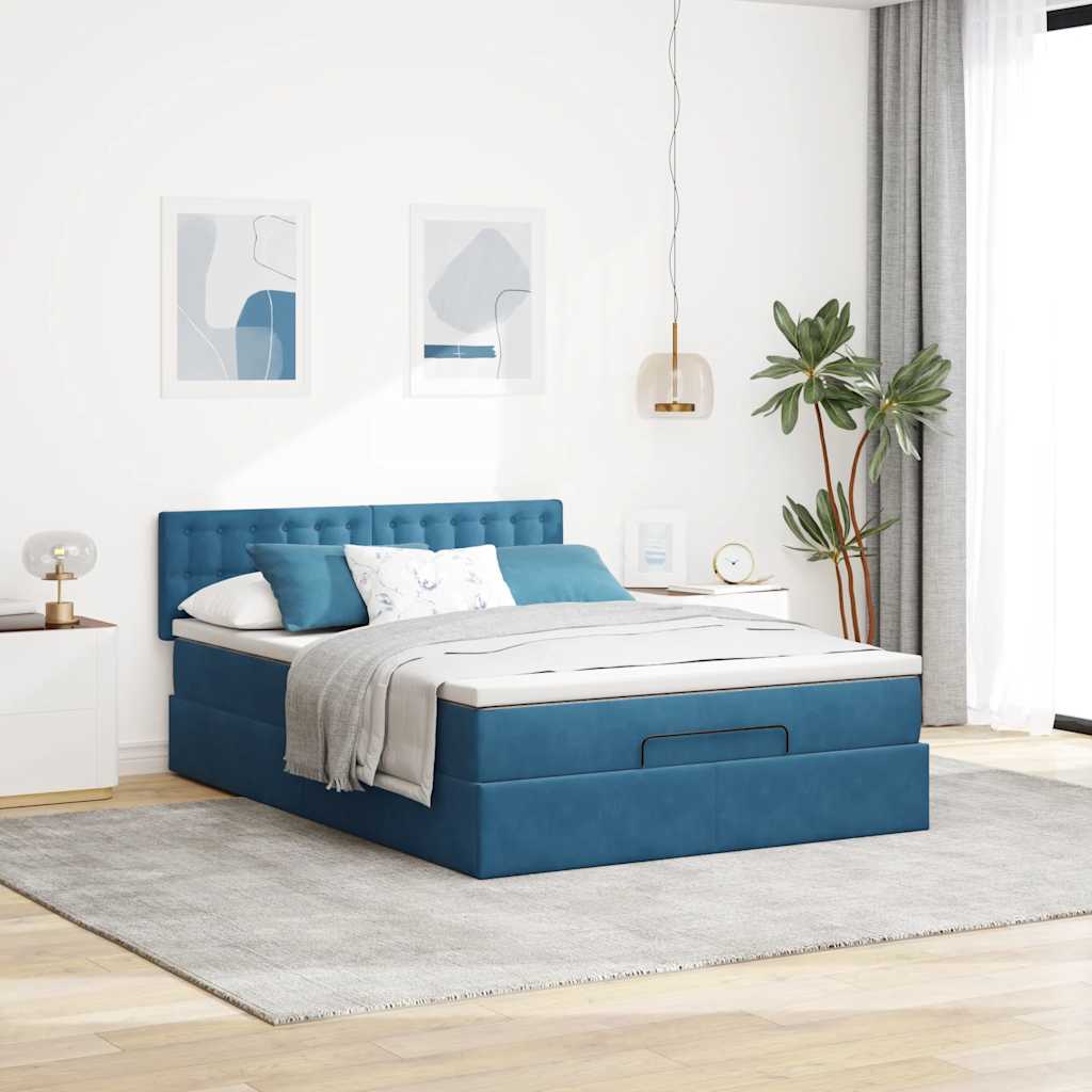 Struttura Letto Pouf con Materasso Blu 140x200cm in Velluto - homemem39