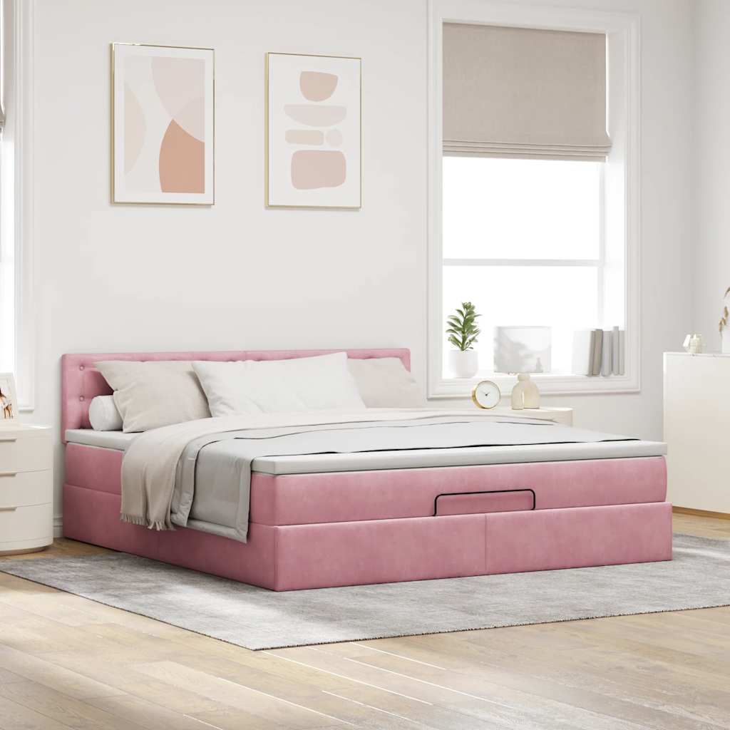 Struttura Letto Pouf con Materasso Rosa 160x200 cm in Velluto | homemem39