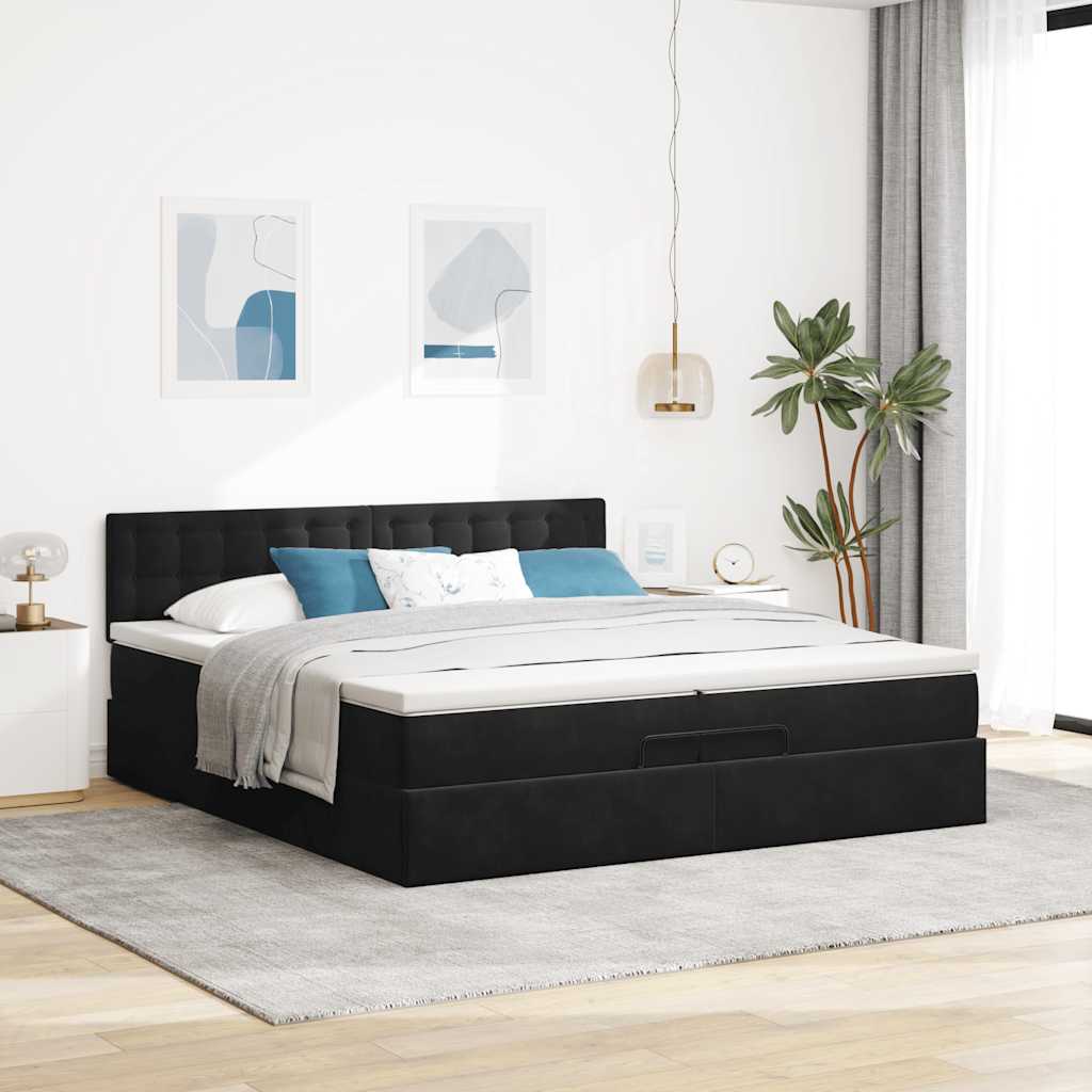 Struttura Letto Pouf con Materasso Nero 200x200 cm in Velluto | homemem39