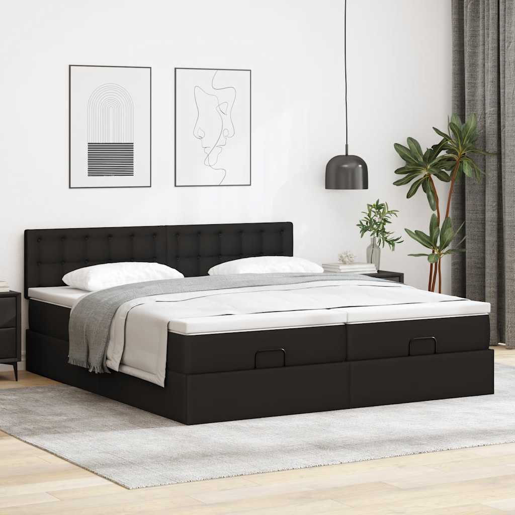 Struttura Letto Pouf con Materassi Nero 200x200 cm Similpelle