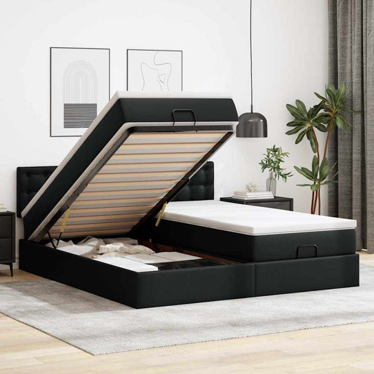 Struttura Letto Pouf con Materassi Nero 200x200 cm Similpelle