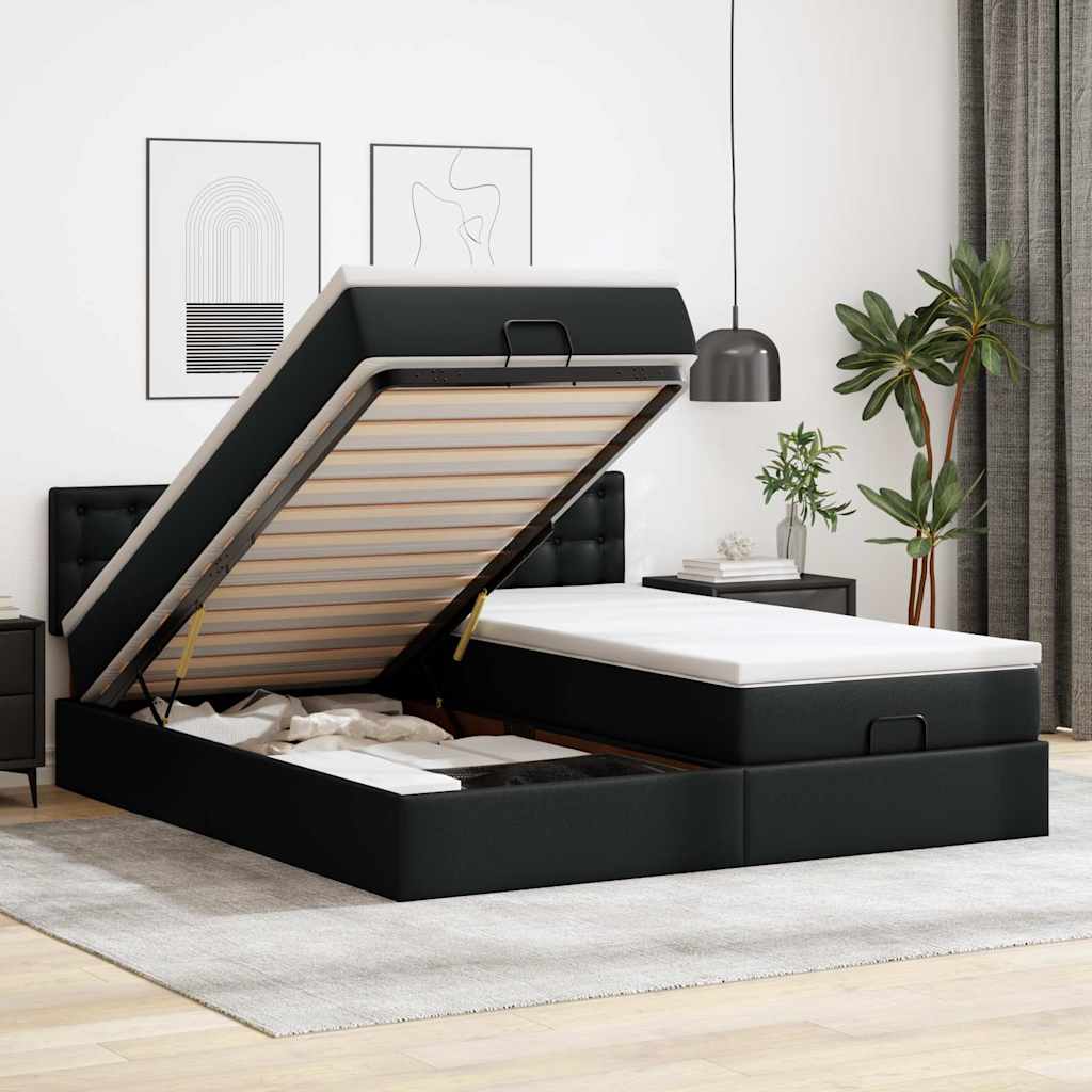 Struttura Letto Pouf con Materassi Nero 200x200 cm Similpelle