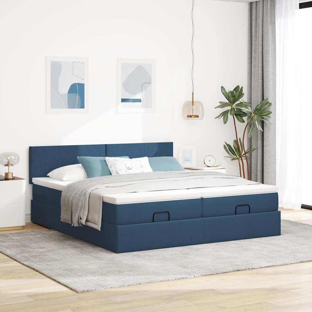 Struttura Letto Pouf con Materassi Blu 200x200 cm in Tessuto
