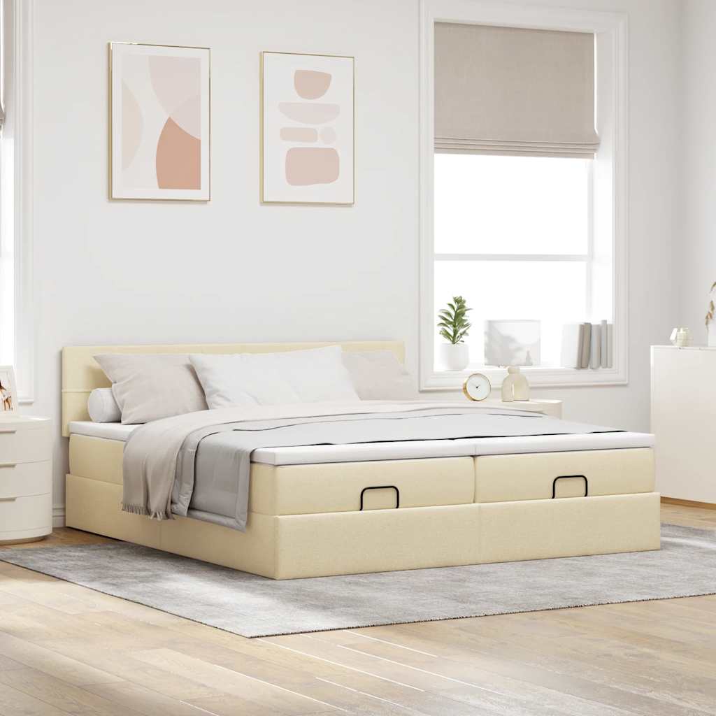 Struttura Letto Pouf con Materassi Crema 200x200 cm in Tessuto