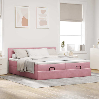 Struttura Letto Pouf con Materassi Rosa 160x200 cm Velluto