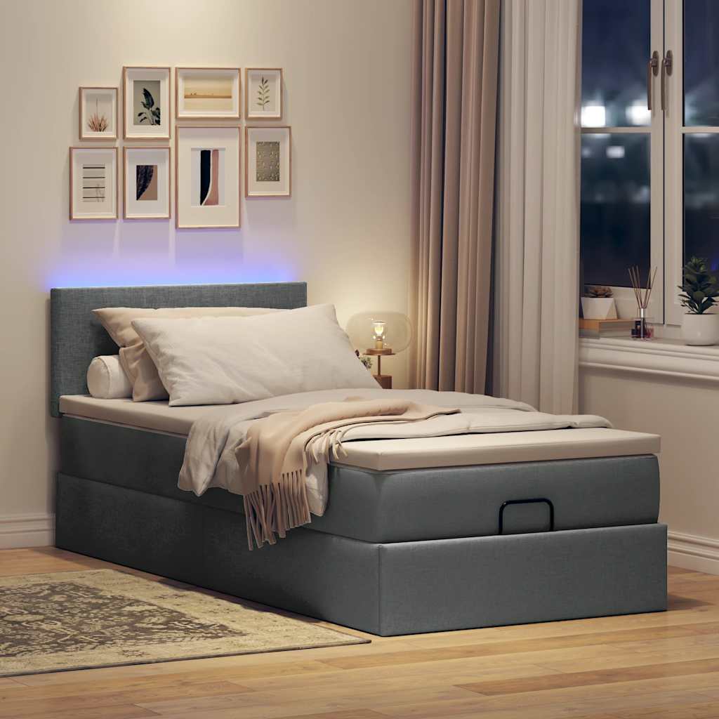 Pouf Letto con Materasso e LED Grigio Scuro 80x200cm in Tessuto