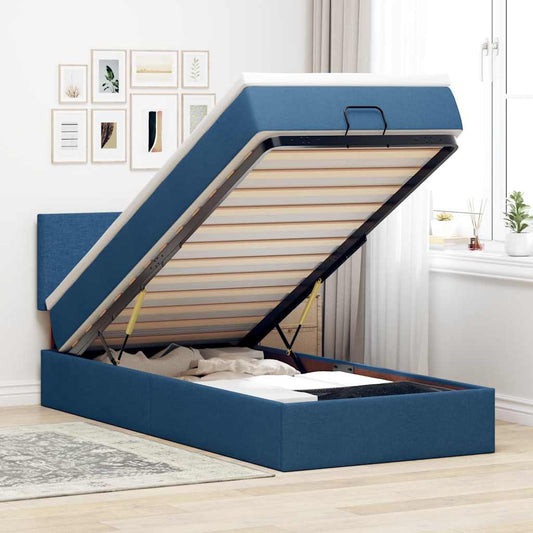 Pouf Letto con Materasso e LED Blu 90x200 cm in Tessuto