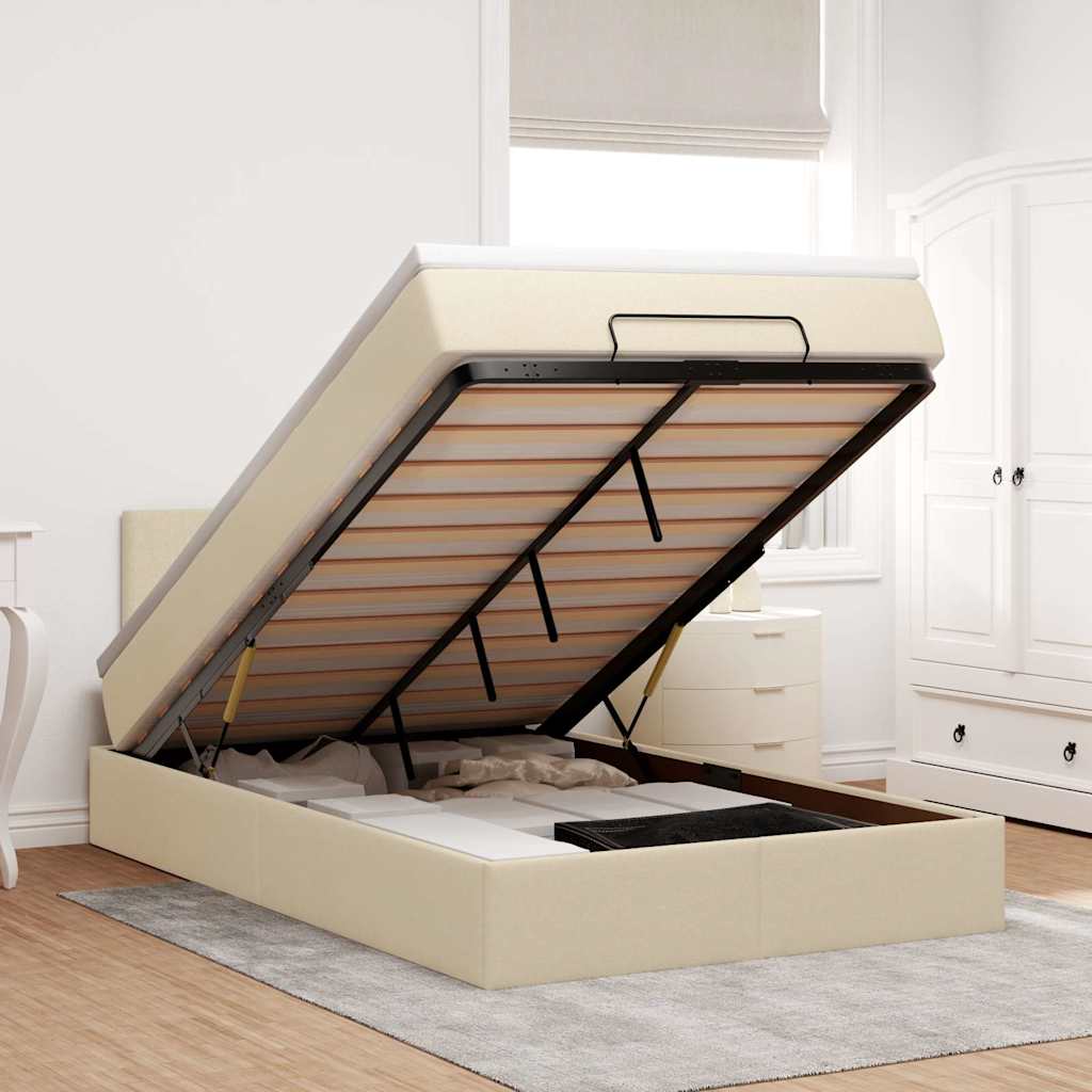 Pouf Letto con Materasso e LED Crema 120x190cm in Tessuto