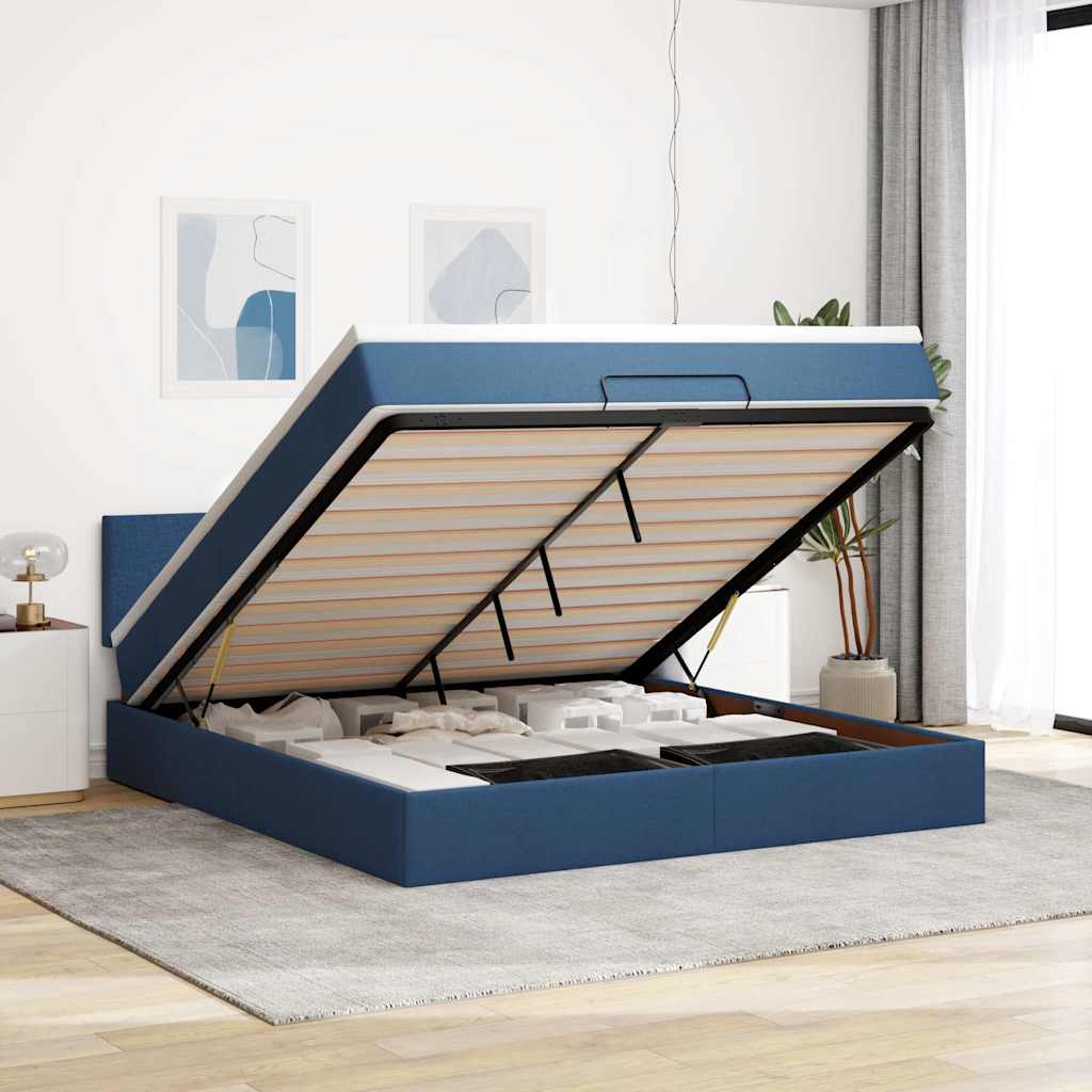 Struttura Letto Pouf con Materasso Blu 160x200 cm in Tessuto | homemem39