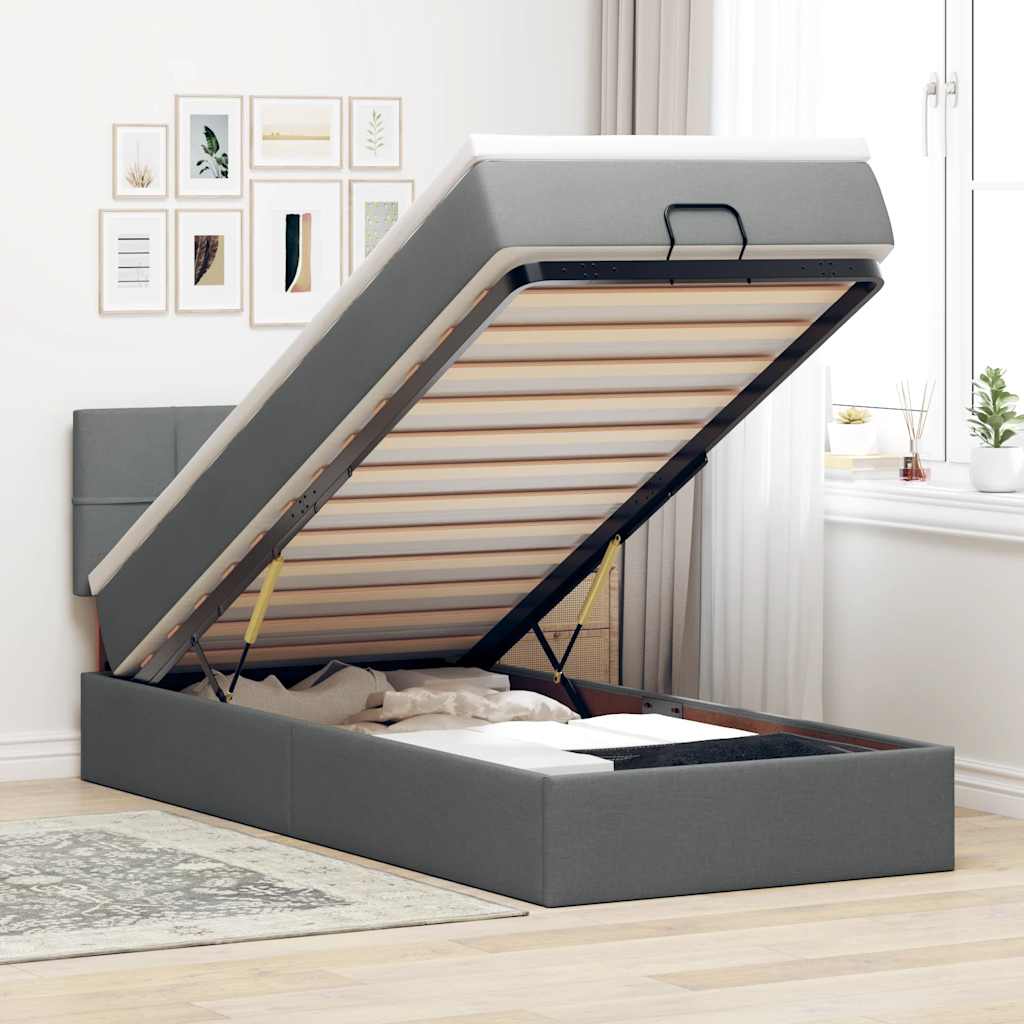 Pouf Letto con Materasso e LED Grigio Scuro 90x200 cm Tessuto