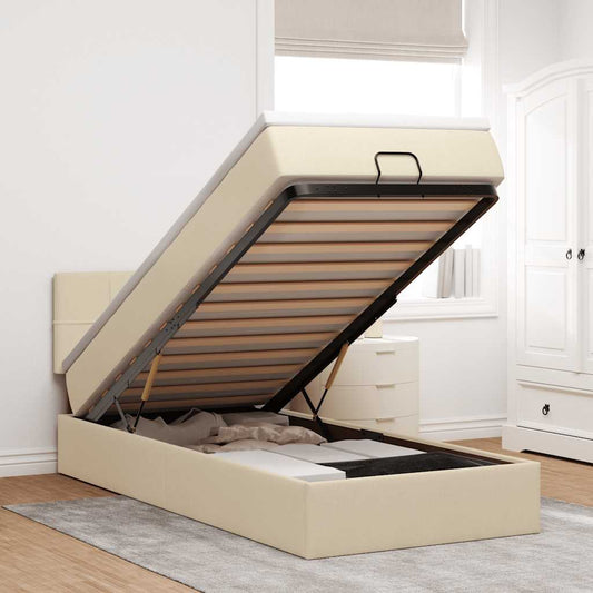 Pouf Letto con Materasso e LED Crema 90x200 cm in Tessuto