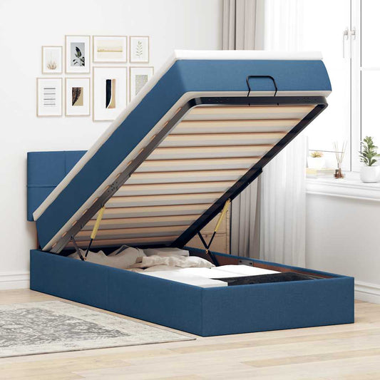 Pouf Letto con Materasso e LED Blu 90x200 cm in Tessuto