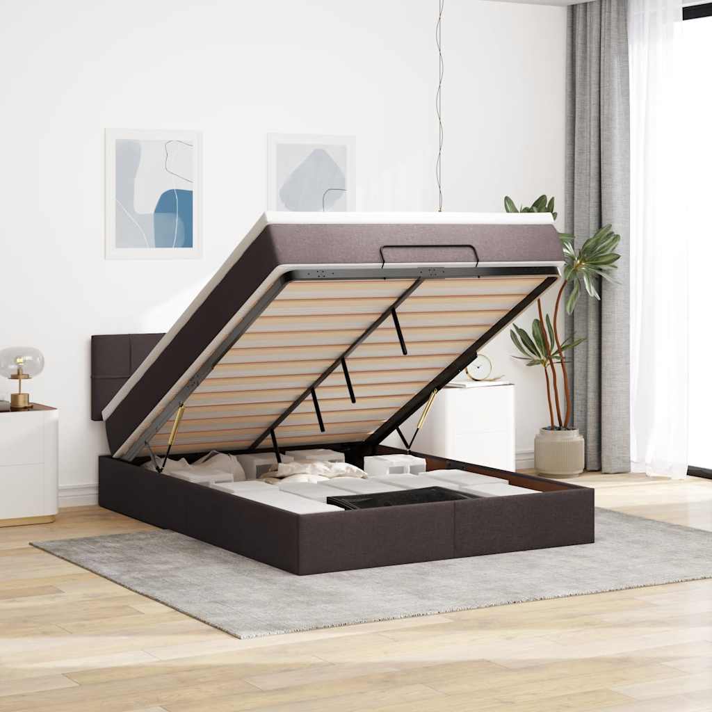 Pouf Letto con Materasso e LED Marrone Scuro 140x190 cm