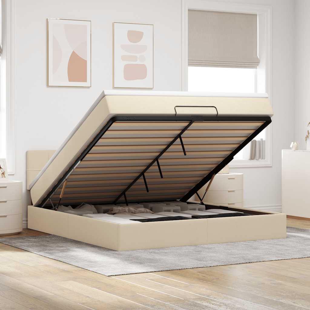 Struttura Letto Pouf con Materasso Crema 160x200 cm in Tessuto | homemem39