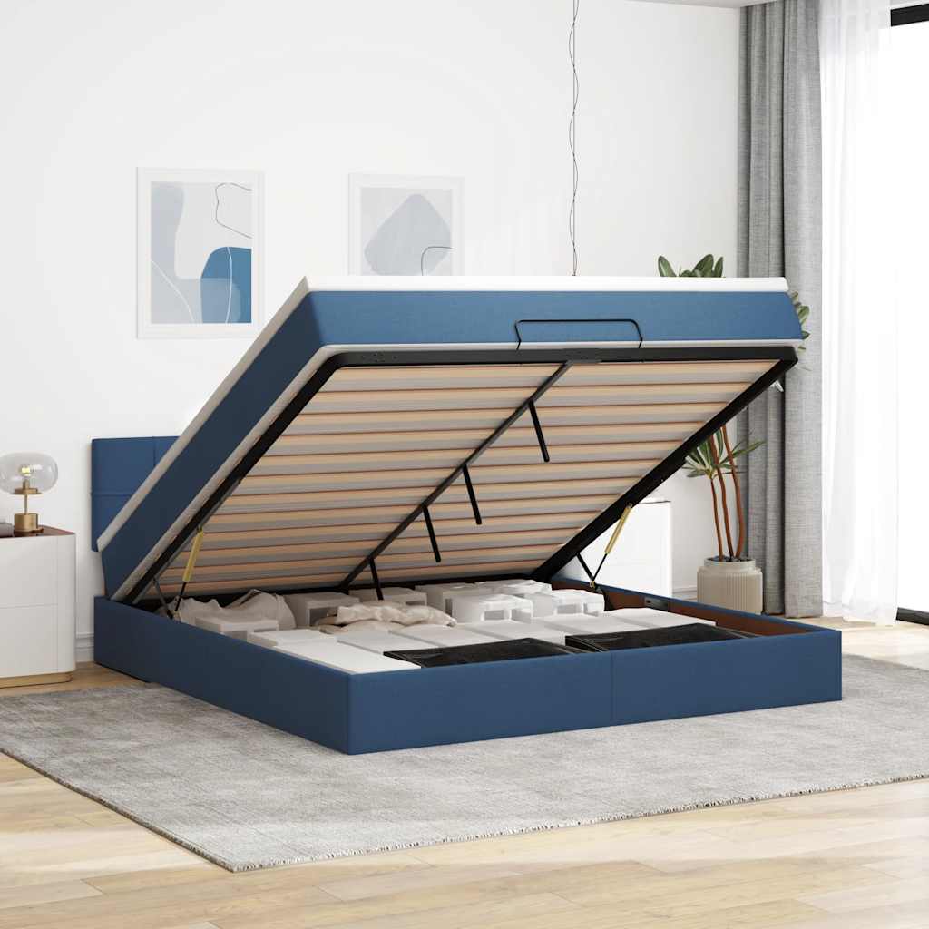 Struttura Letto Pouf con Materasso Blu 160x200 cm in Tessuto | homemem39