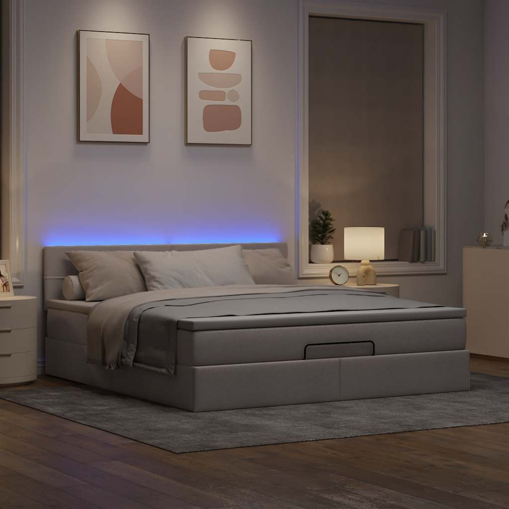 Pouf Letto con Materasso e LED Tortora 180x200cm in Tessuto