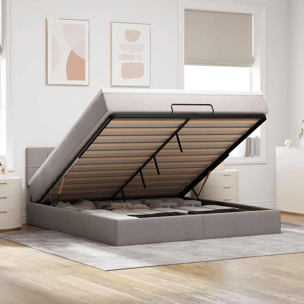 Pouf Letto con Materasso e LED Tortora 180x200cm in Tessuto