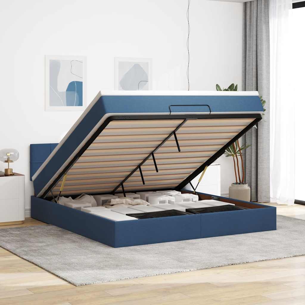 Pouf Letto con Materasso e LED Blu 180x200cm in Tessuto