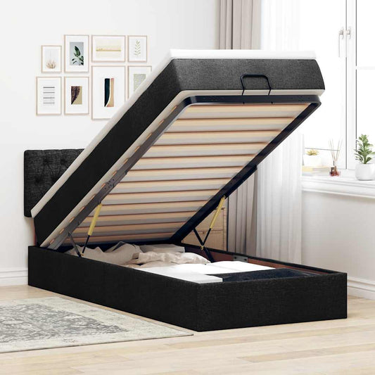 Pouf Letto con Materasso e LED Nero 80x200cm in Tessuto
